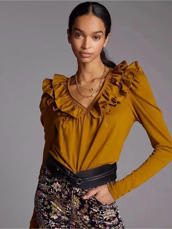 Anthropologie Tops - Anthropologie Ruffled V-Neck Top Long Sleeve Cotton Pullover Blouse Brown
